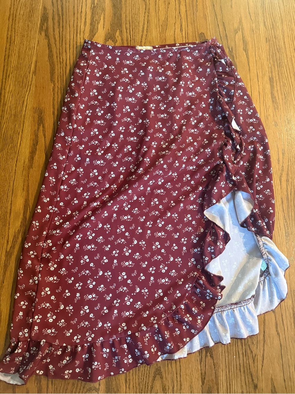 Altar'd State Burgundy Floral Asymmetrical Ruffle Wrap Skirt